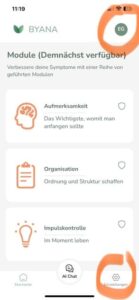 Screenshot mit Hinweis zu einstellungen und Profil in BYANA