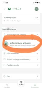 Screen der BYANA App mit Auswahl zum Abo